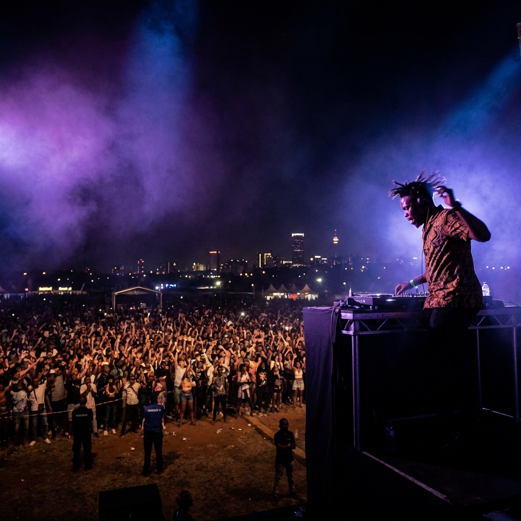 South African DJ performing at a packed event